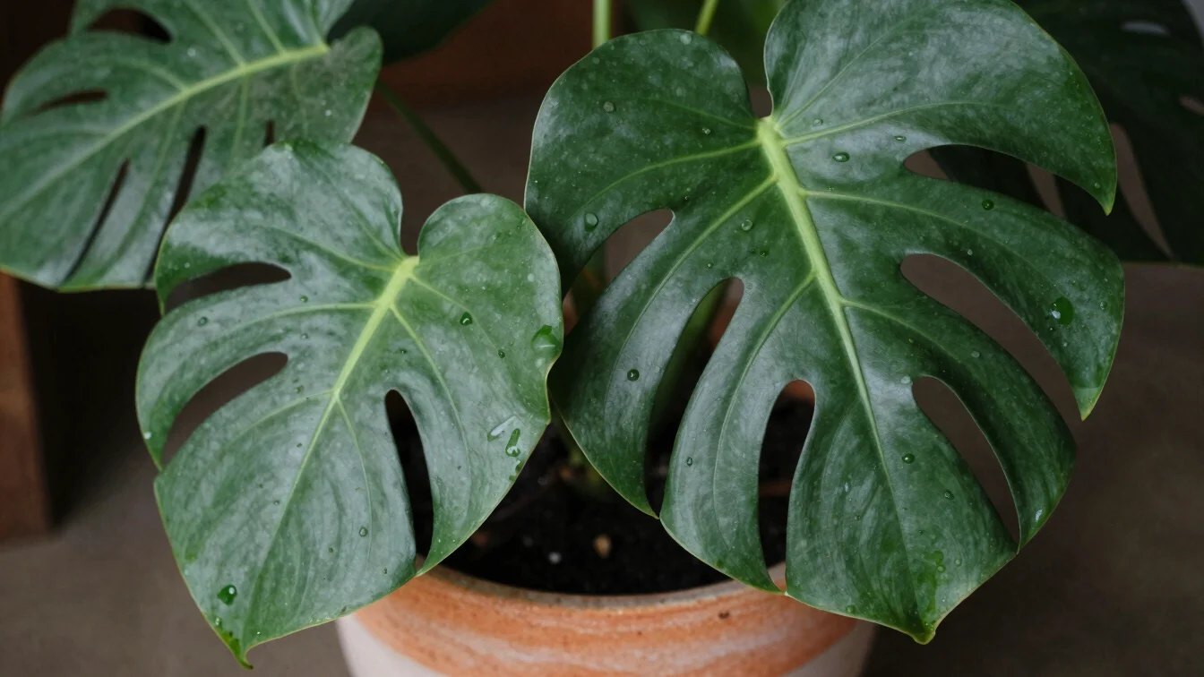 Fotografía macro de hojas perforadas de monstera en maceta de cer