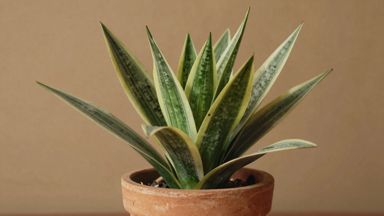 Detalle de hojas erguidas de sansevieria con franjas claras en un