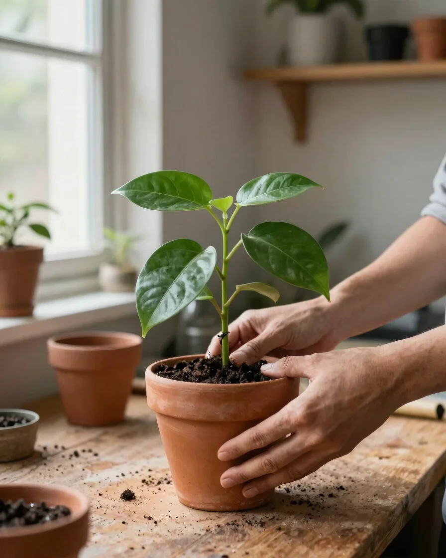 Editorial botanical photograph of a pair of hands gently repotting a young indoor plant into a terracotta pot on a woode