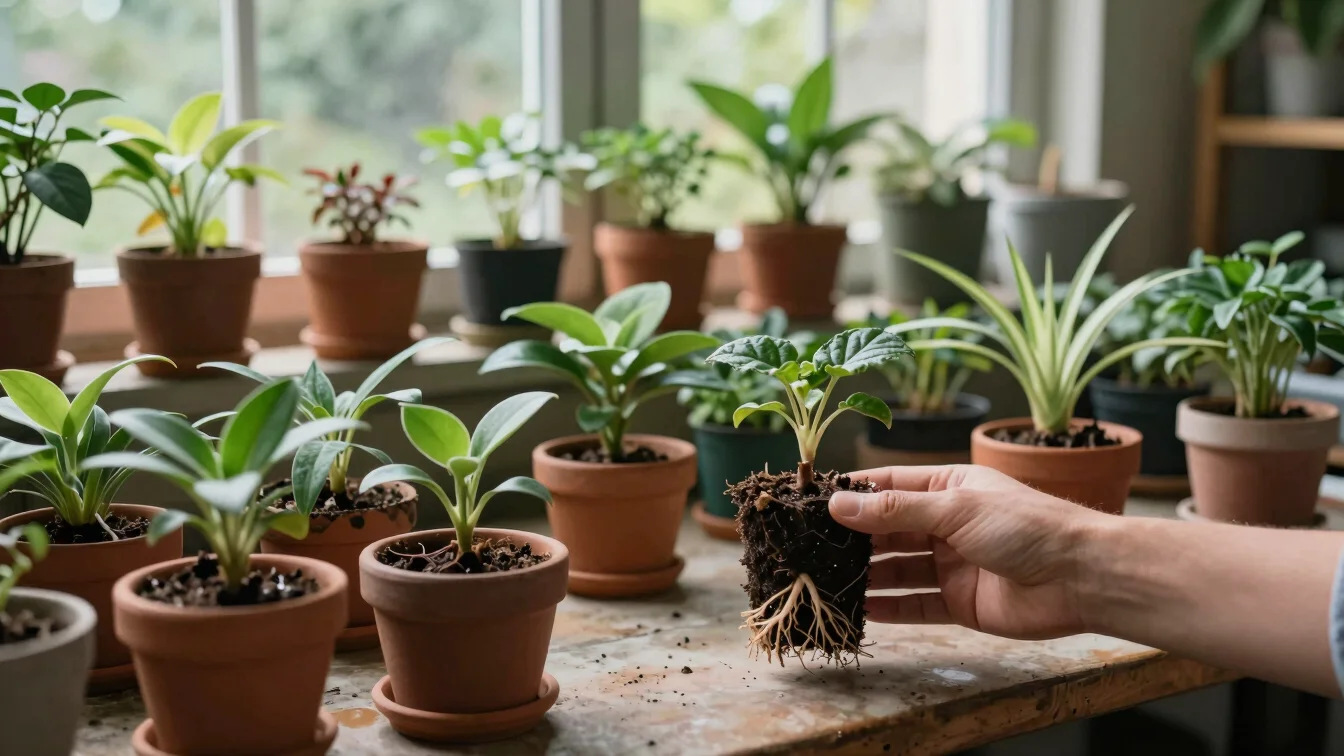 Wide editorial photograph of a small botanical workshop table with rows of indoor plants in ceramic pots, a close-up of