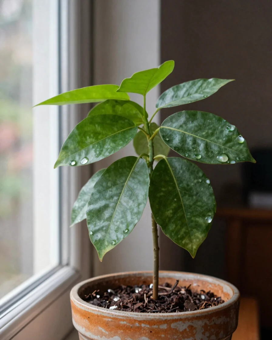 Macro de hojas verdes de una planta de interior junto a una ventana en un departamento chileno, luz natural difusa desde
