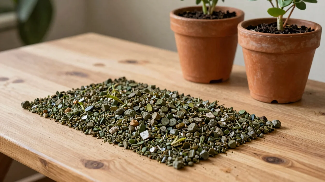 Insumos de cultivo sobre una mesa de madera: sustrato, perlita y